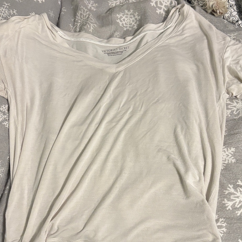 Victoria's Secret Baggy Cream V-Neck Short Sleeve Tee sheer